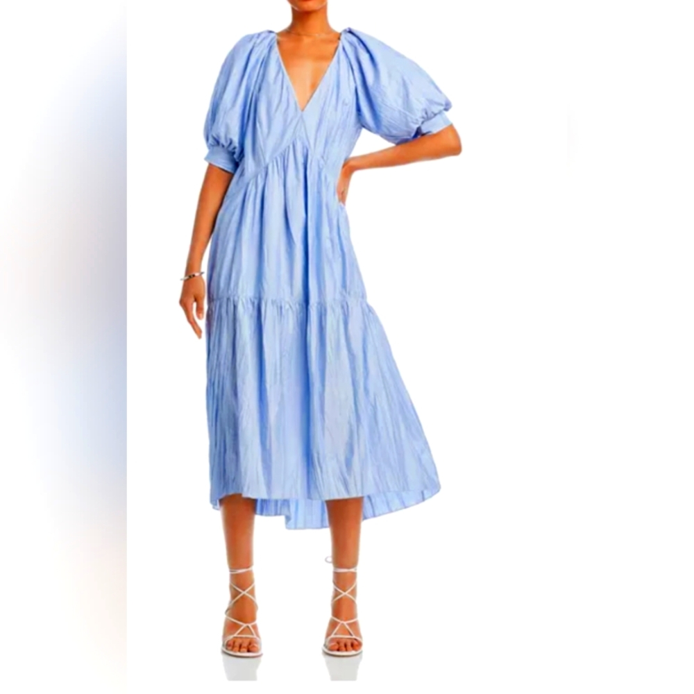 Frame Rayon Blend Puff Sleeve V Neck Long Crinkle Tent Dress Size L